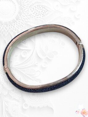 Joan Rivers Navy Blue Fabric Wrapped Bangle Bracelet Silver Tone Hinged 2 Avail
